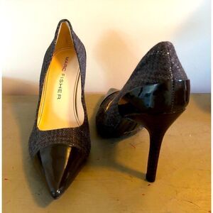 Marc Fisher brown, tweed with patten leather “Moyen” heels.